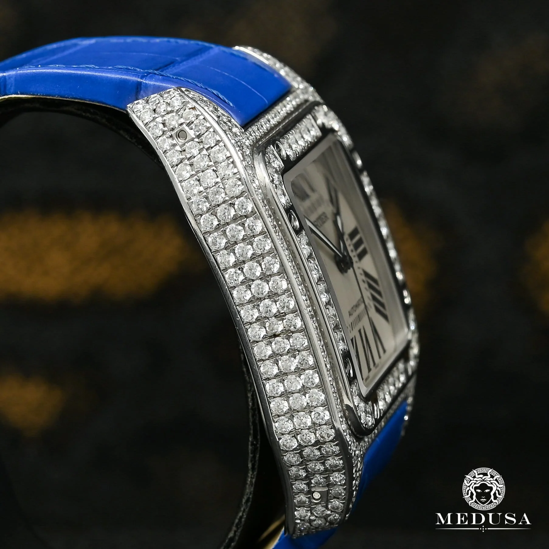 40mm Cartier Santos 100 Iced - Blue Crocodile  - Image 3